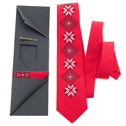 Червоний набір вишита краватка з хустинкою та зажимом №852 JN-0041