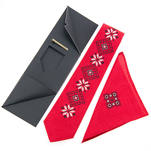 Червоний набір вишита краватка з хустинкою та зажимом №852 JN-0041