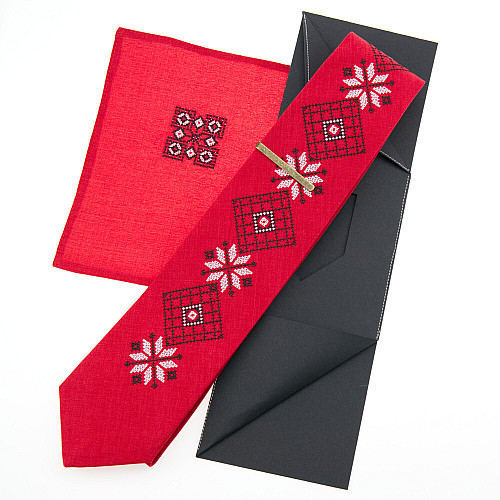 Червоний набір вишита краватка з хустинкою та зажимом №852 JN-0041