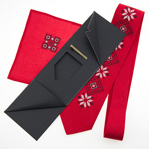 Червоний набір вишита краватка з хустинкою та зажимом №852 JN-0041