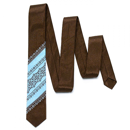 Галстук узкий коричнево-голубой с вышивкой №657 LN-2041