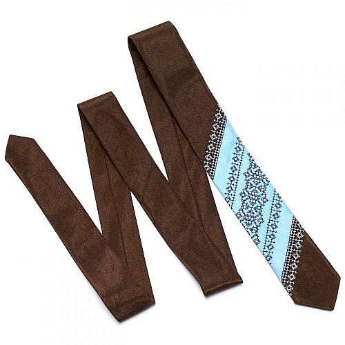 Галстук узкий коричнево-голубой с вышивкой №657 LN-2041