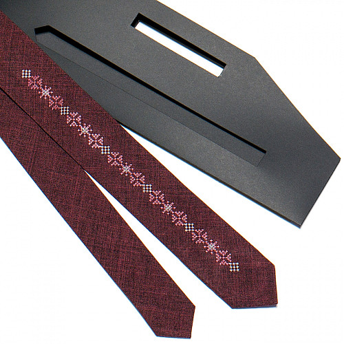 Бордовый узкий вышитый галстук №763 LN-2096