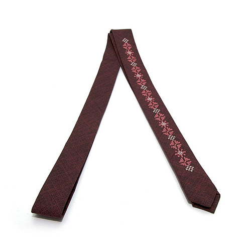 Бордовый тонкий галстук с вышивкой LN-2143