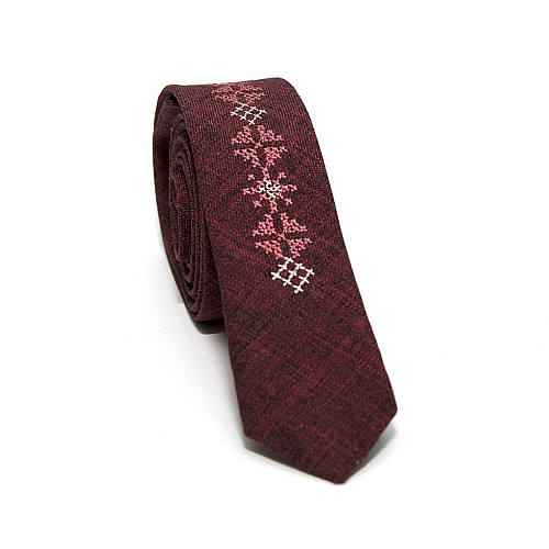 Бордовый тонкий галстук с вышивкой LN-2143