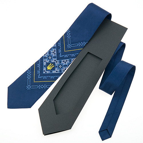 Синий вышитый галстук с трезубцем №970 LN-2148