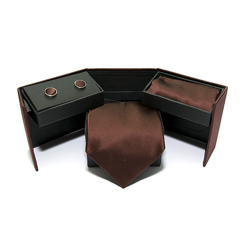 Коричневий набір 3 в 1, краватка, хустинка, запонки Emilio Corali MGO-6318