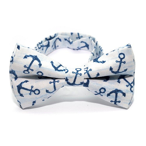 Галстук бабочка белая с синими якорьями GBZ-292