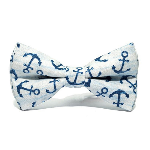 Галстук бабочка белая с синими якорьями GBZ-292