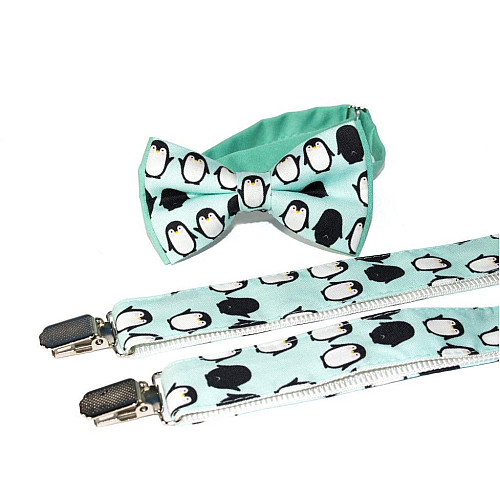 Набір дитячий бірюзовий підтяжки та метелик з пінгвінами NGU-4568